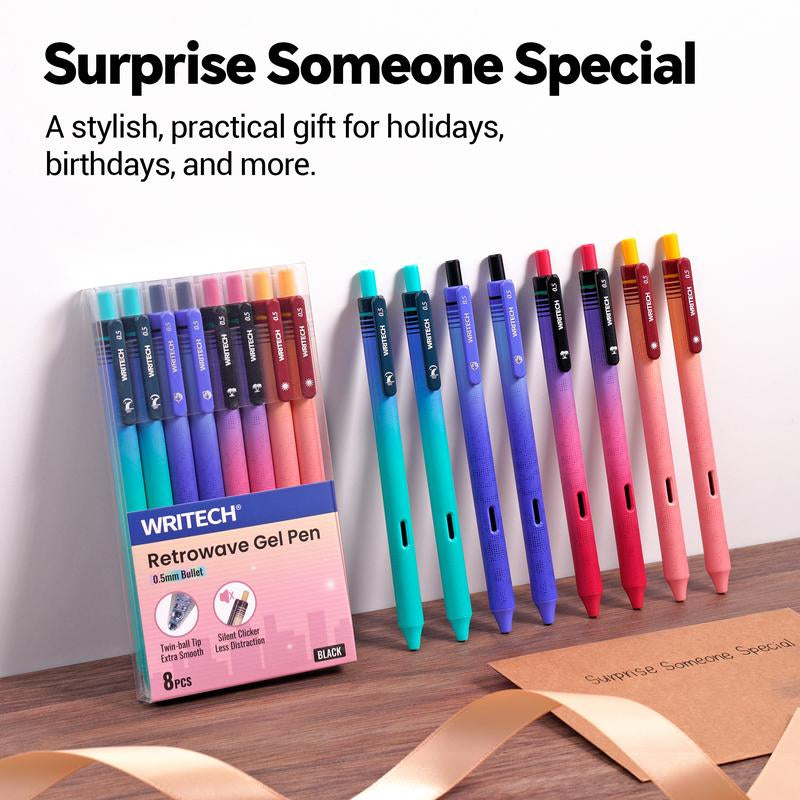 WRITECH Black Ink Gel Pens: 8-Pack Retrowave 0.5Mm Fine Point Pens - Smooth Writing Silent Clicker and Refillable Perfect for School Office & Everyday Use.